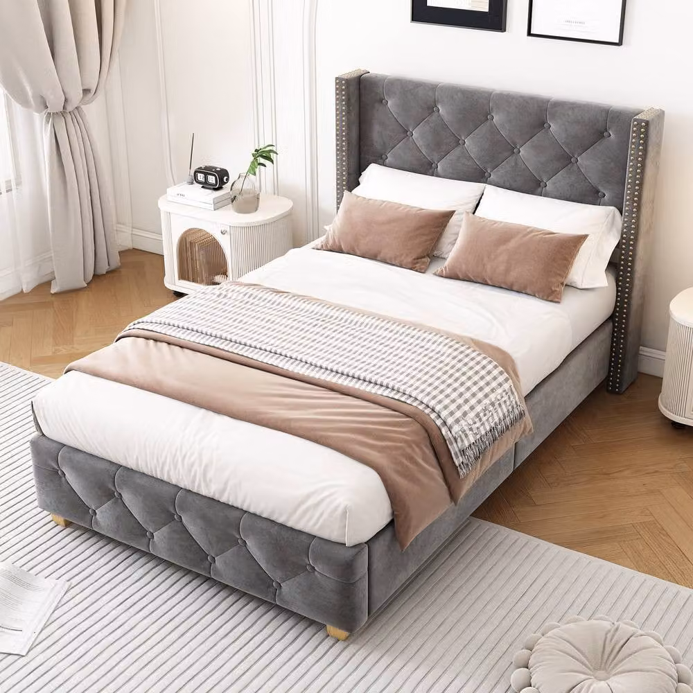 Matteo Grey Velvet Upholstered Single Bed W/D/H: 90 x 190 x 108 cm – 1