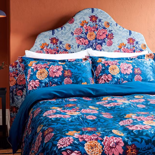 Harlequin Sophie Robinson Dahlia Bunch Kingsize Duvet Cover and Pillowcase Set, Blue and Pink Floral Mako Satin Cotton, W: 200 cm, H: 180 cm