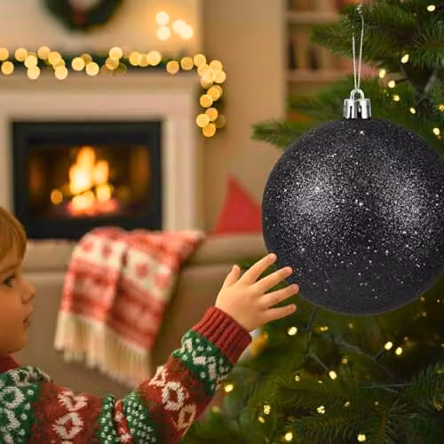 Shatchi Black Glitter Christmas Bauble, Round Plastic Hanging Ornament, Diameter: 20 cm – 6