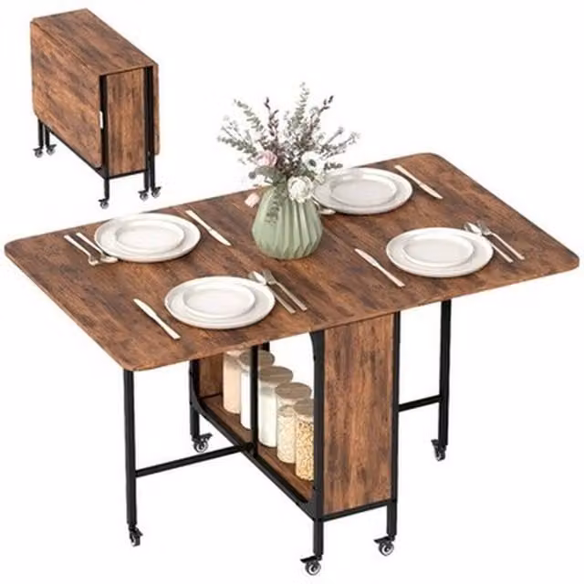NESTLUNE Brown Wood Extendable Drop Leaf Dining Table with Castors, W/D/H: 100 x 15 x 15 cm – 1