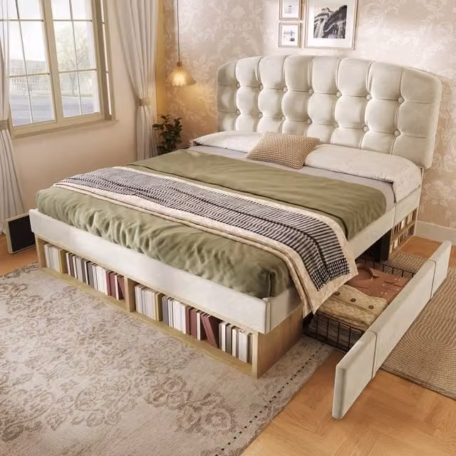 Merax King Size Velvet Upholstered Storage Bed with Drawers in Beige, W/D/H: 150 x 200 x 162 cm