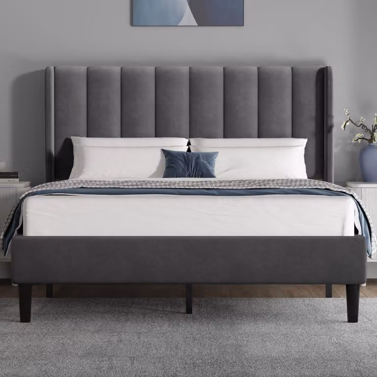 DHS Vertical Line Velvet Upholstered Bed Frame in Grey, W: 140 cm, D: 200 cm