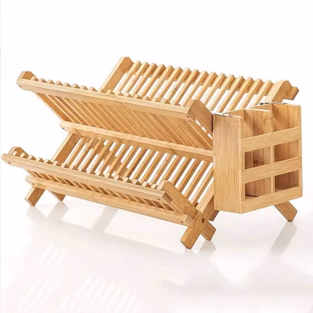 KORVIXA Brown Bamboo Dish Drainer Plate Rack and Cup Holder
