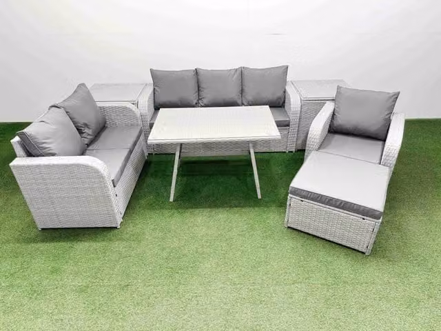 Fimous Patio Dining Table and Chairs Set with Reclining Chair and 2 Side Tables in Light Grey