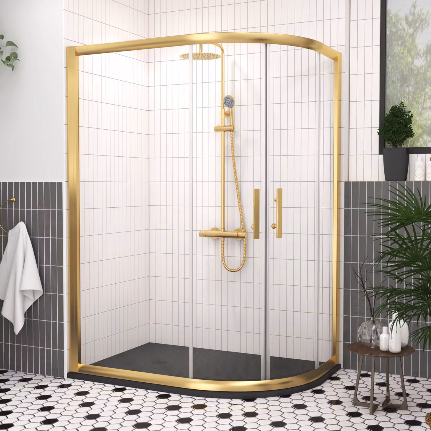 Royal Bathrooms Venice Offset Quadrant Shower Enclosure with Black Stone Mineral Cast Tray, Brushed Brass and Black, W: 120 cm, D: 80 cm, 6mm Double Sliding Door