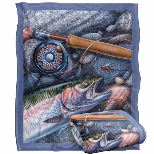 JQ Licensing Trout Fishing Reel Silky Touch Super Soft Microfibre Throw Blanket, White, W/D: 152 x 127 cm
