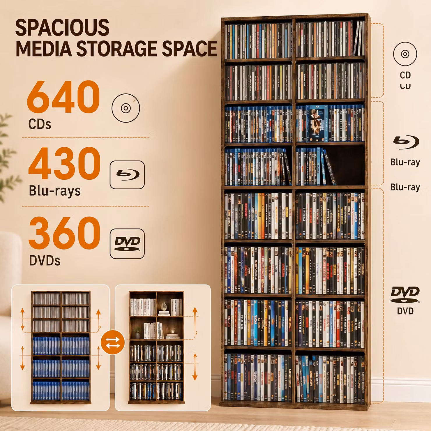 HOMCOM 640 CD Storage Tower in Rustic Brown with Adjustable Shelves and Media Compartments, H 175.0 x W 78.5 x D 26.0 cm – 4