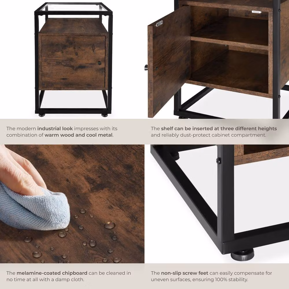 tectake Dudley Nightstand with 3 Shelves and Magnetic Door in Brown – 4