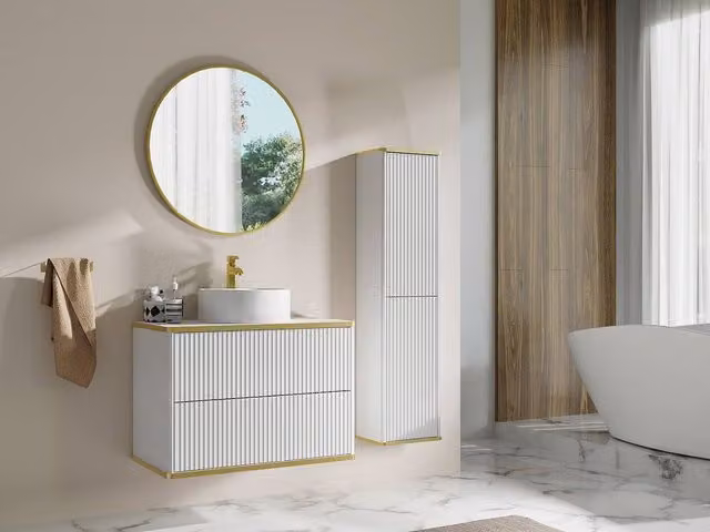 Vente-unique Striped Wall-Hung Bathroom Vanity Unit with Round Countertop Basin in White and Gold – 1