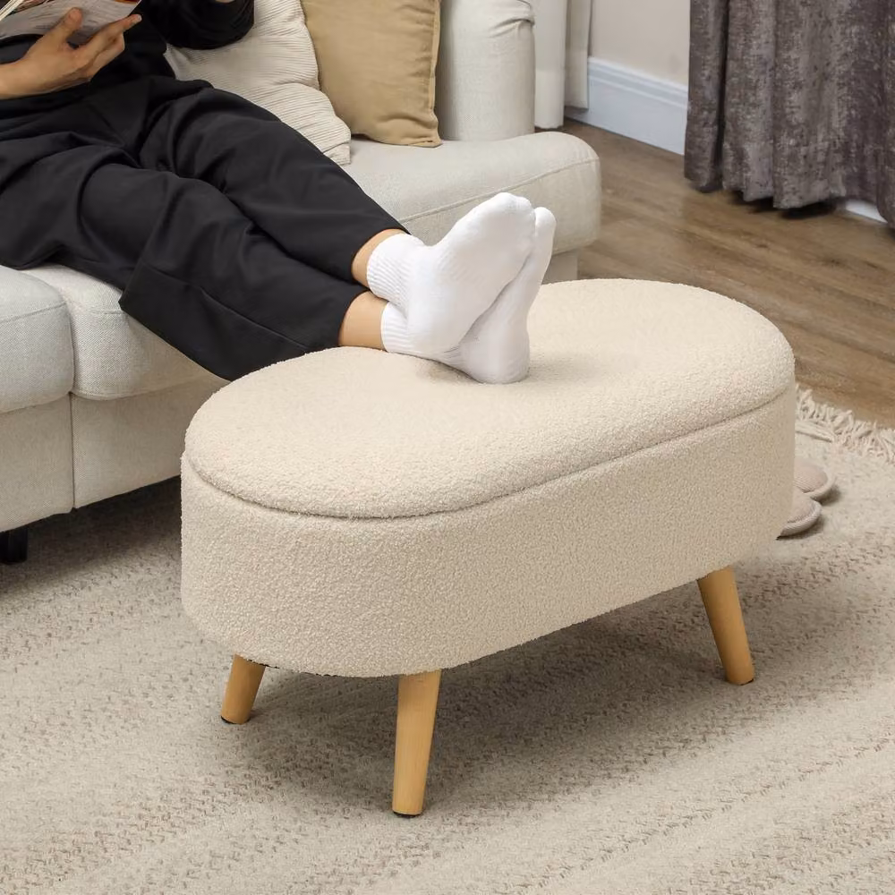 STILVORA Cream Bouclé Storage Ottoman with Wood Frame – 5