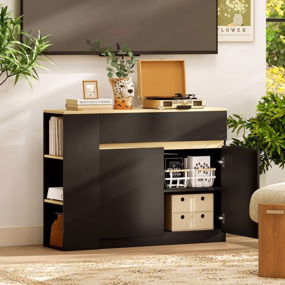STILVORA Modern Kitchen Island in Black with 2 Doors, 1 Drawer and 3 Open Shelves, H: 110 cm, W: 82 cm, D: 29.5 cm – 7