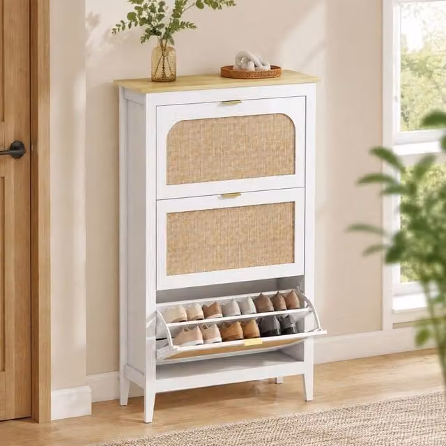 STILVORA Slim White Rattan Shoe Cabinet with 3 Tilting Compartments