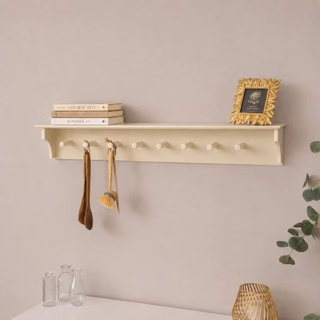 Melody Maison Vintage Ivory Wooden Wall Shelf with Hooks, Width: 100 cm