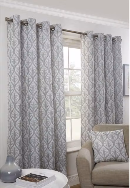 NewEdgeBlinds Modern Floral Eyelet Curtains in Silver, White and Grey, Width: 137 cm, Height: 116 cm