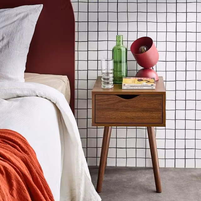 sweeek Walnut-stained Pine Wood Bedside Table with 1 Drawer in Dark Brown, W/D/H: 39 x 39 x 55 cm