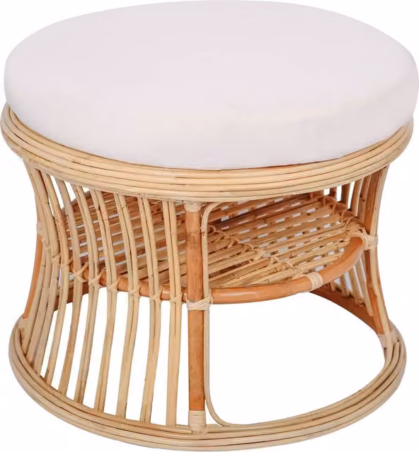 SERAM Nordlys Beige Wicker and Fabric Cylindrical End Table Pouf with Removable Cover – 1