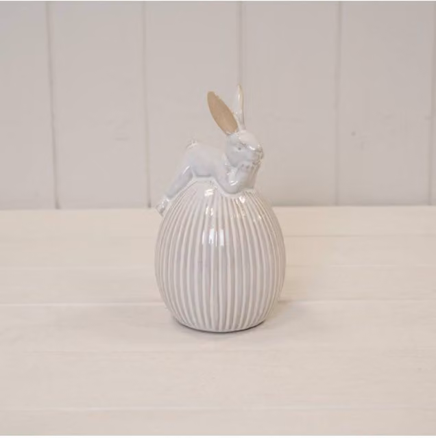 KDMD White Ceramic Rabbit on Egg Easter Tabletop Decoration