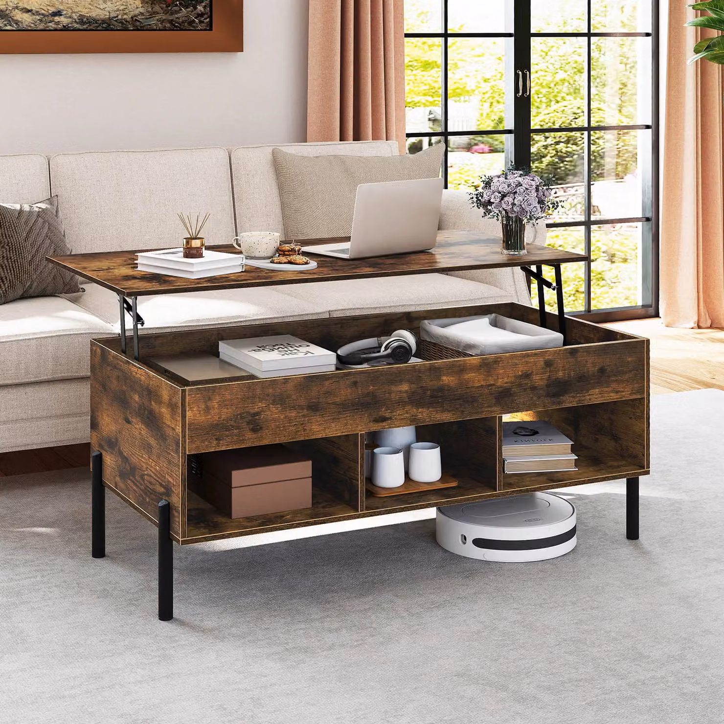 Gymax Modern Brown Lift-top Coffee Table with Metal Legs and MDF Laminate Finish – 7