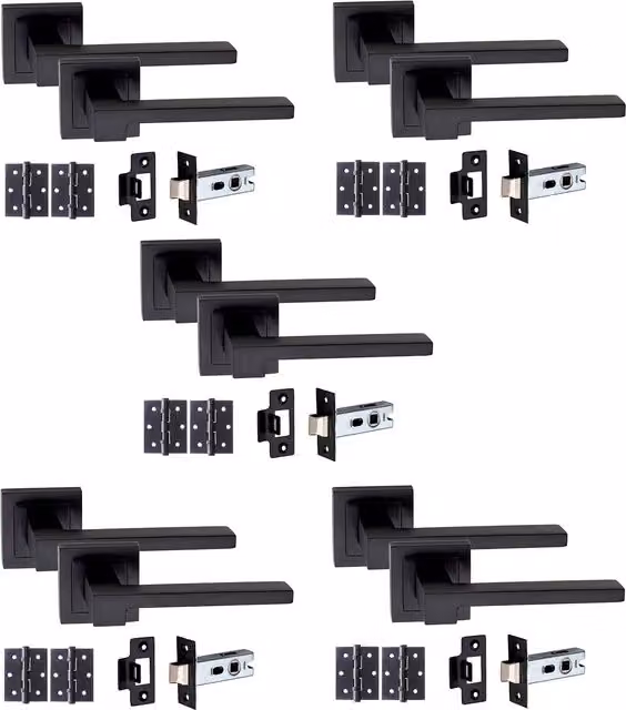 Golden Grace Matt Black Door Handle on Square Rose, 5 Set