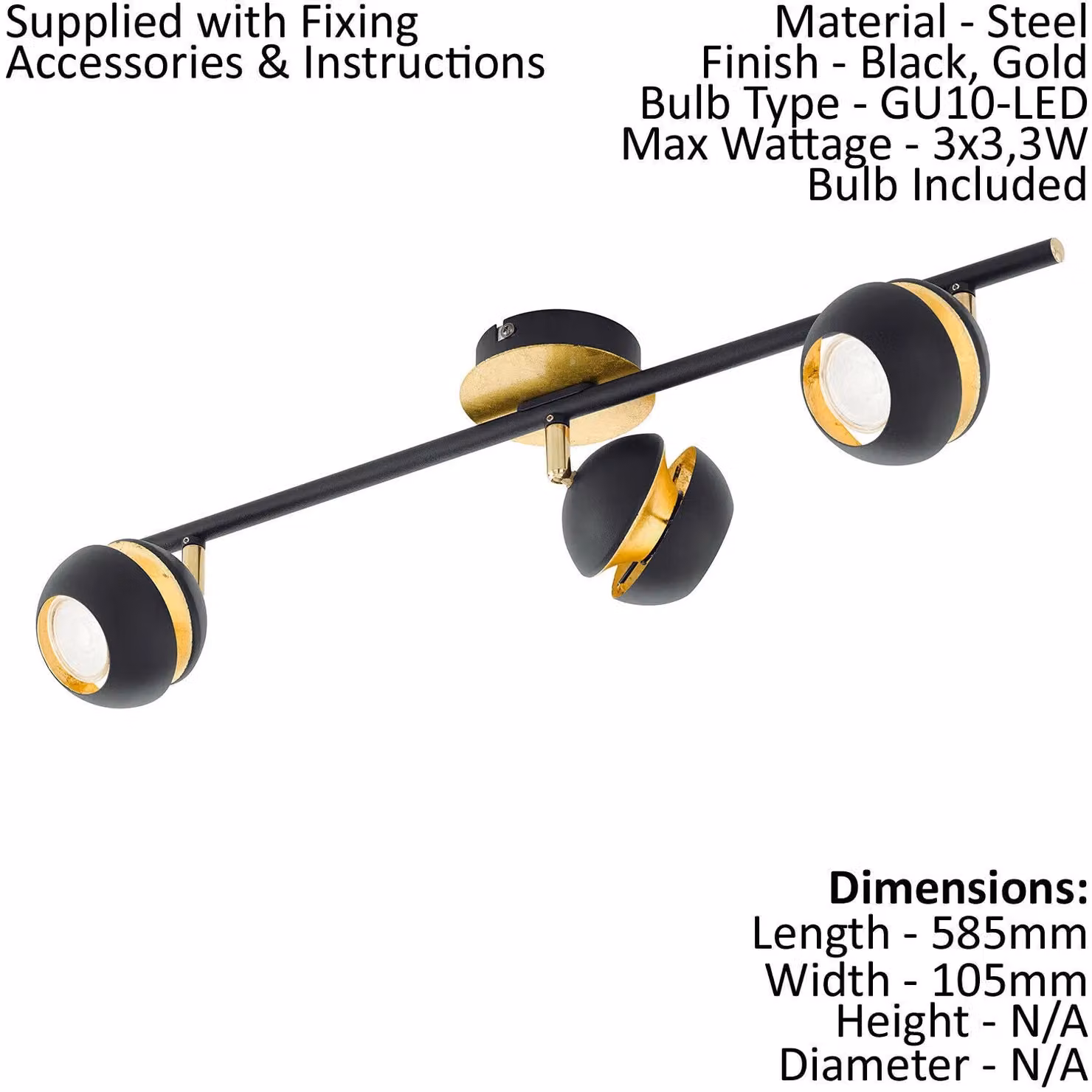Loops Modern Metal Ceiling Spot Light and 2x Matching Wall Lights in Black and Gold with Adjustable Shades – 2
