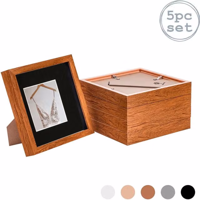 Nicola Spring Pack of 5 3D Box Photo Frames in Dark Wood and Black with 4 x 4 inch Mount, W/D/H: 20 x 20 x 20 cm