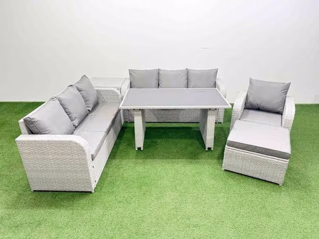 Fimous 8-Seater Patio Rectangular Table and Sofa Set with Side Table and Big Stool in Light Grey