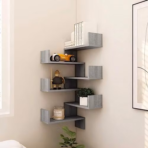 vidaXL Set of 2 Wall Mounted Corner Shelves in Grey Sonoma MDF, W/D/H: 40 x 40 x 50 cm – 2