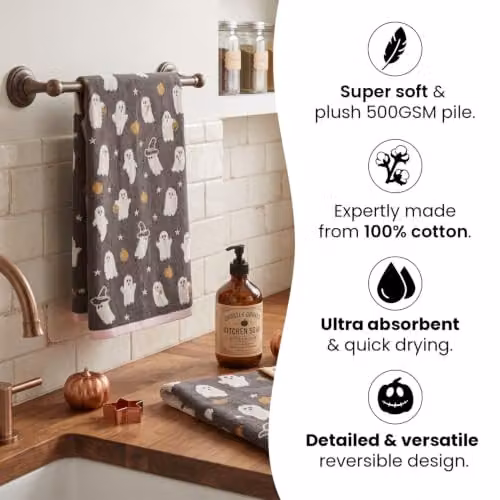 Odyssey Collection Ghosties Halloween Hand Towels, Pack of 2, 100% Cotton, 500GSM, W: 50 cm, H: 80 cm – 3