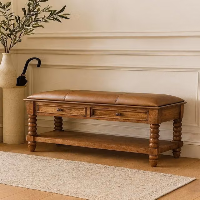 Artisan Furniture Brown Mango Wood Spindle Shoe Rack with Leather Top and 2 Drawers