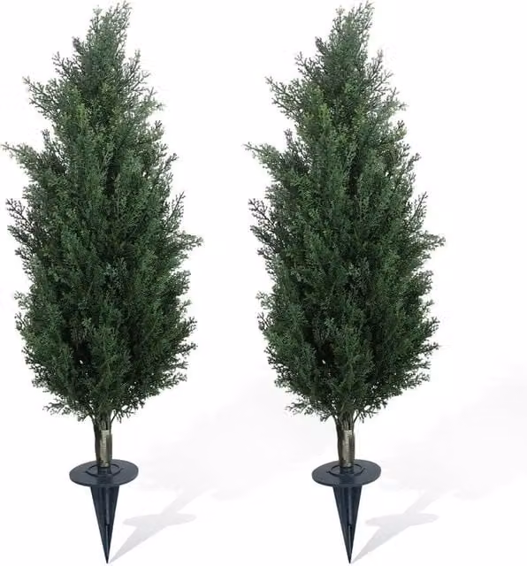 VOGREX 2-Piece Artificial Cedar Topiary Trees in Green with Ground Spikes, Height: 61 cm – 1
