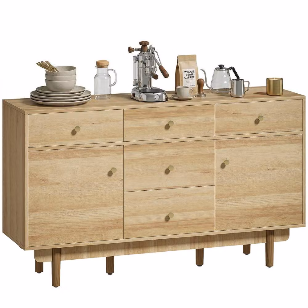 HOMCOM Modern Sideboard with Soft Close Drawers and Wood Legs in Light Oak and Walnut Brown – 2
