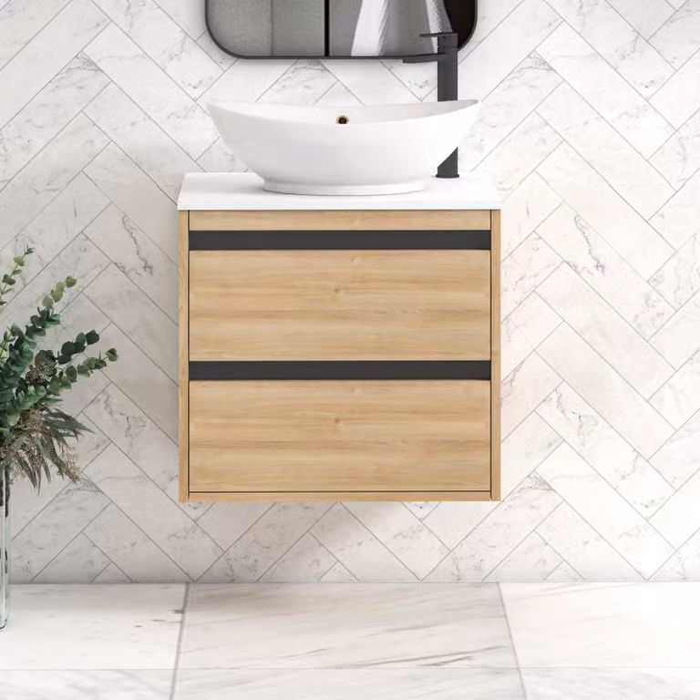 Royal Bathrooms Orion 600mm Natural Oak Wall Hung 2 Drawer Vanity Unit with Amaze Basin and Black Accent Trim