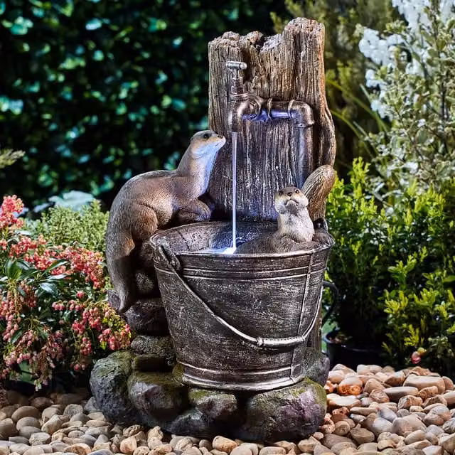 Serenity Playing Otters Water Bucket Cascade Water Feature with LED Lighting in Brown