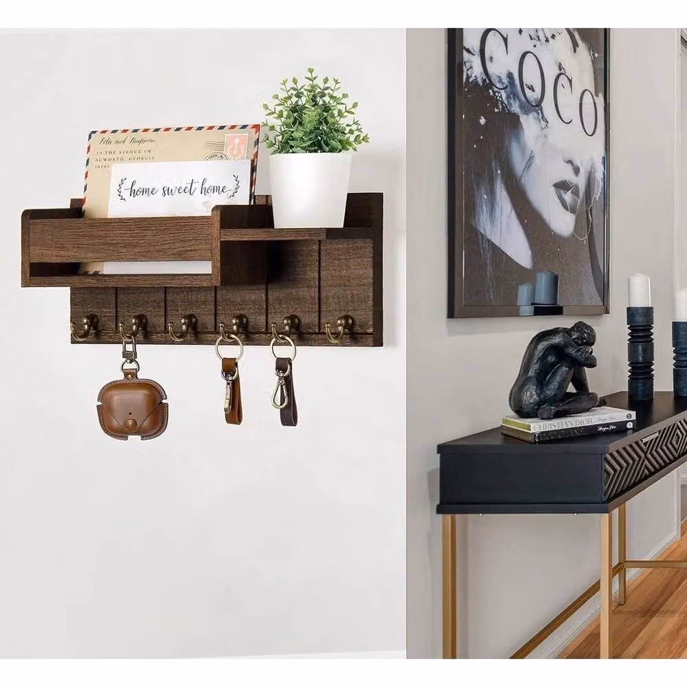 FLAVORA Brown Wood Wall Mounted Key and Letter Organiser Rack with Shelf and Hooks – 3