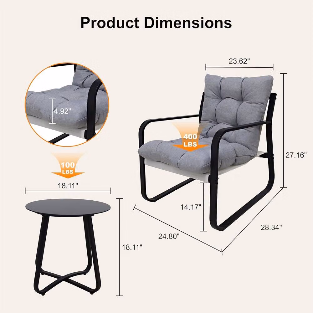 Alivio 3-Piece Modern Metal Outdoor Patio Bistro Set in Grey and Black – 6