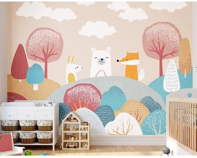 Origin Murals Woodland Friends Wall Mural in Orange and Multicolour, W: 300 cm, H: 240 cm