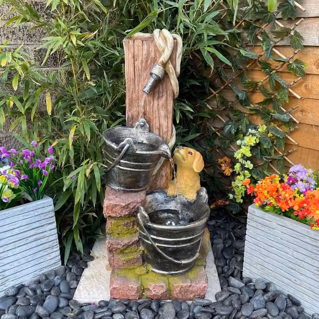 Tranquility Puppy with Hose Animal Solar Water Fountain in Grey