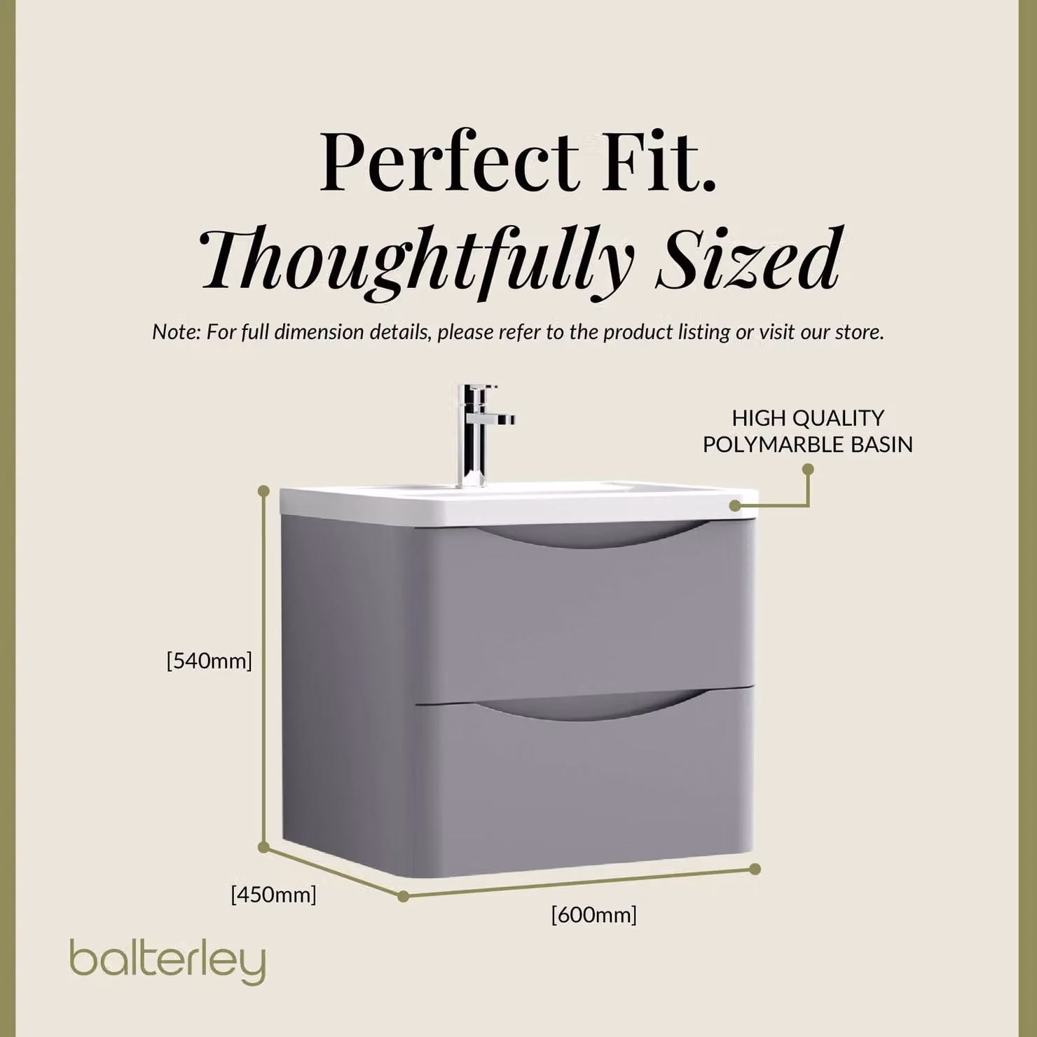 Balterley Wall Hung 2 Drawer Bathroom Vanity Unit and Basin, Satin Grey, W: 55 cm, D: 54 cm, H: 55 cm – 3
