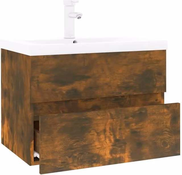 Berkfield Home Sink Cabinet with Built-in Basin in Smoked Oak and Brown, W/D/H: 60.0 x 38.5 x 45.0 cm