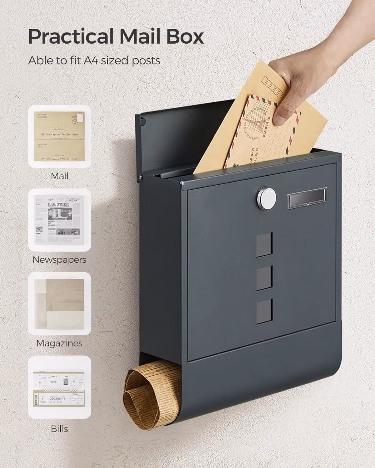 SONGMICS Wall Mounted Steel Letterbox in Anthracite Grey, W/D/H: 33.8 x 30.8 x 10.0 cm – 4