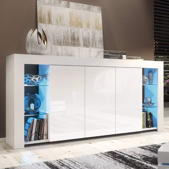 Mex Furniture LTD Eden Sideboard in White with Glossy Doors and LED Lights, W: 164 cm, H: 83 cm, D: 35 cm – 1