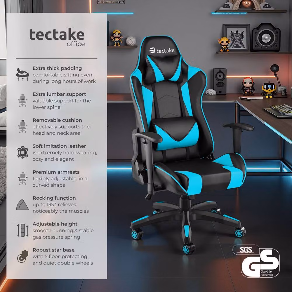 tectake Stealth Gaming Chair in Blue with Synthetic Leather and Adjustable Headrest – 2