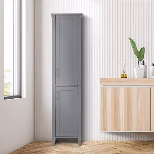 Teamson Home Mercer Collection Grey Wooden Tall Bathroom Storage Cabinet with 2 Hinged Doors and Internal Shelves, H 159.2 cm x W 38.0 cm x D 33.0 cm – 2