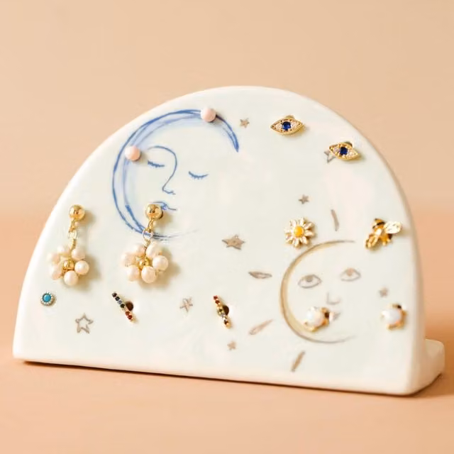 Lisa Angel White Ceramic Sun and Moon Round Tabletop Earring Holder