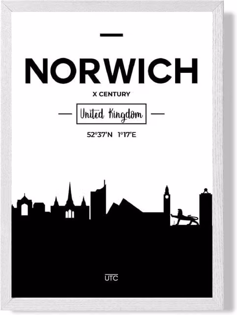 ARTZE Norwich Black and White City Skyline Framed Paper Poster in White Frame, A3