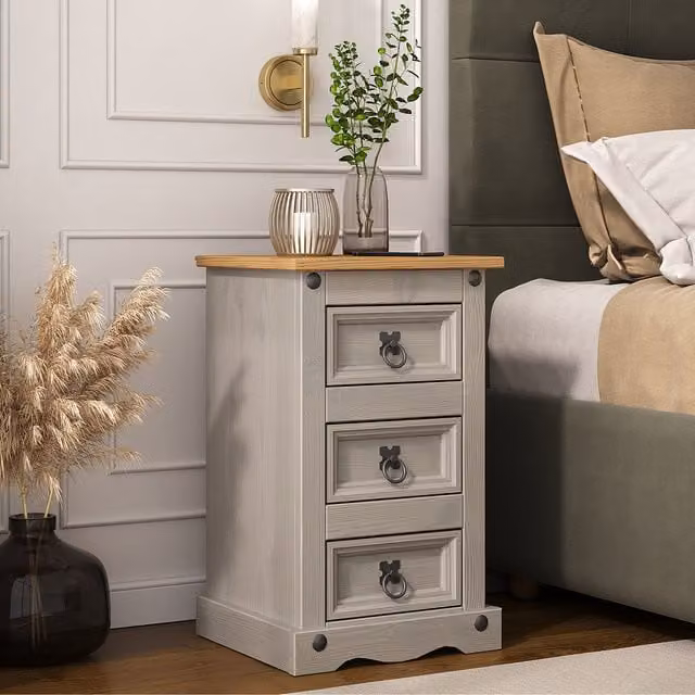 Mews Rustic Pine 3 Drawer Bedside Table in Grey and Black