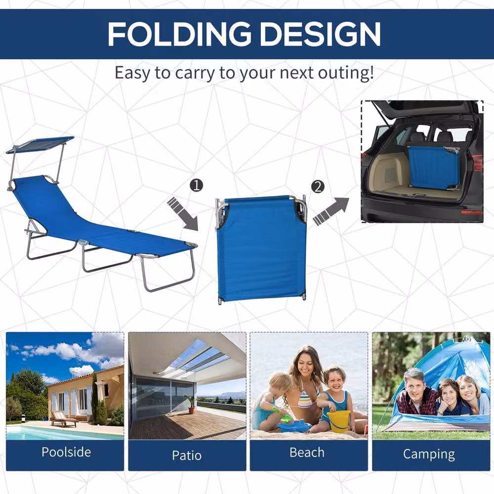 OUTSUNNY Set of 2 Folding Sun Loungers with Sun Canopy and Adjustable Headrest in Blue – 3
