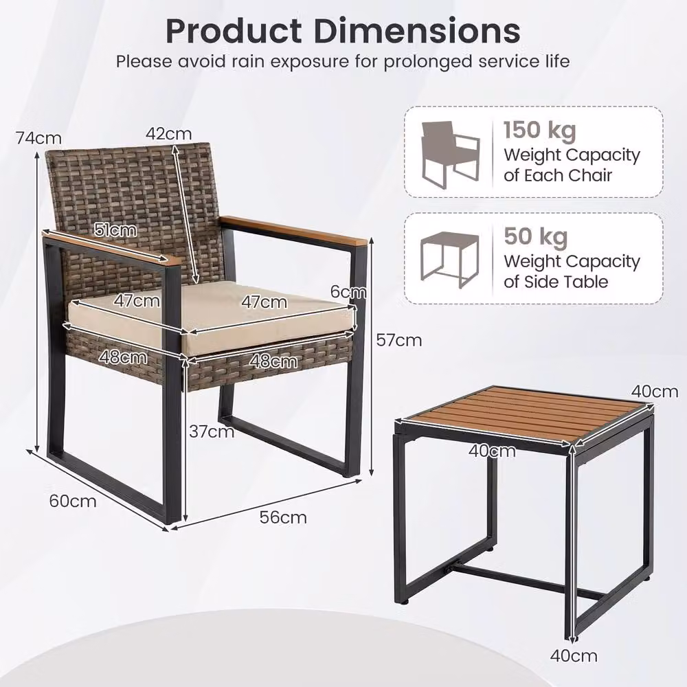 Costway 3-Piece PE Rattan Patio Conversation Set with Cushions and Side Table in Beige – 2