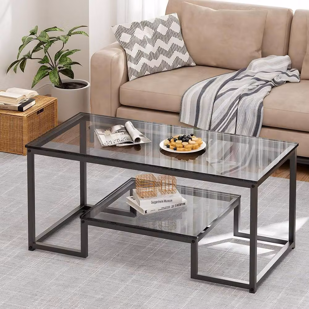 Huhote 2-Tier Modern Geometric Coffee Table with Grey Glass and Black Metal Frame, W: 100 cm, D: 48 cm, H: 45 cm – 4