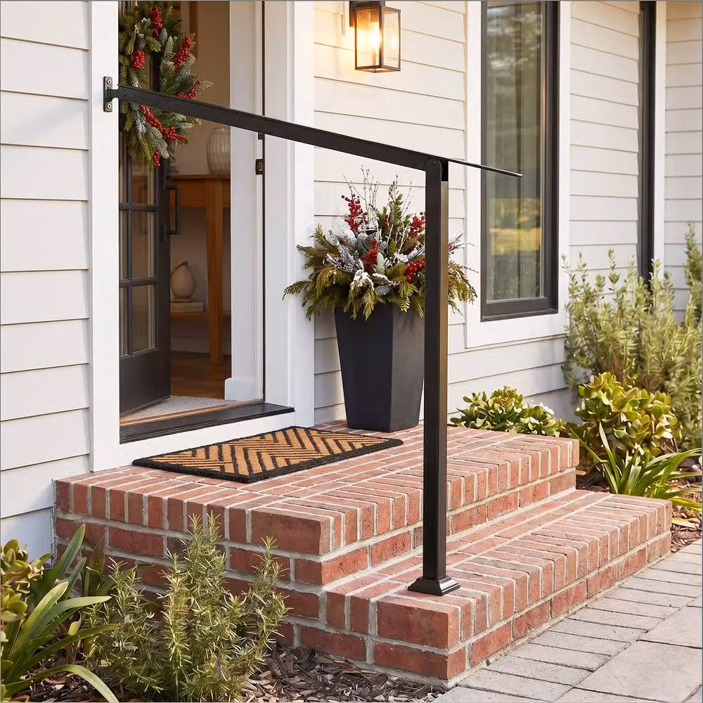 Gymax Adjustable 2-Step Wall Mounted Outdoor Stair Handrail in Black Galvanised Steel – 9